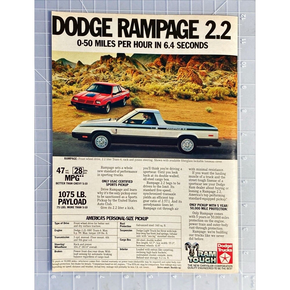 Dodge Rampage 2.2 "0-50 MPH In 6.4 Seconds" Vintage Print Ad 1982 - Picture 2 of 3